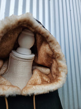 Down the Ribbit Hole Pullover Hoodie with a thin Tan Faux Fur in the hood