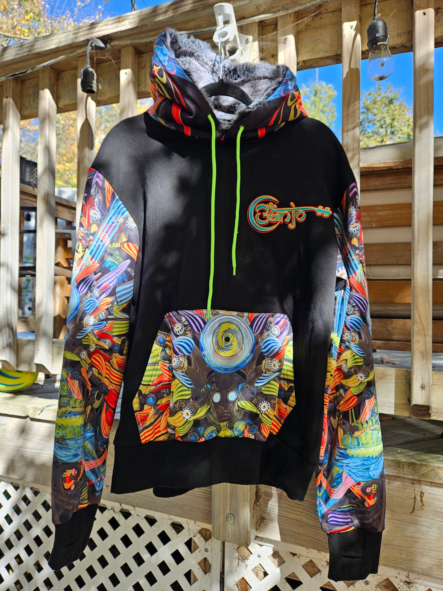 MEDIUM: Vishuddha Banjo Glass Remix Pullover Hoodie with Black silver tipped lined in the hood #2