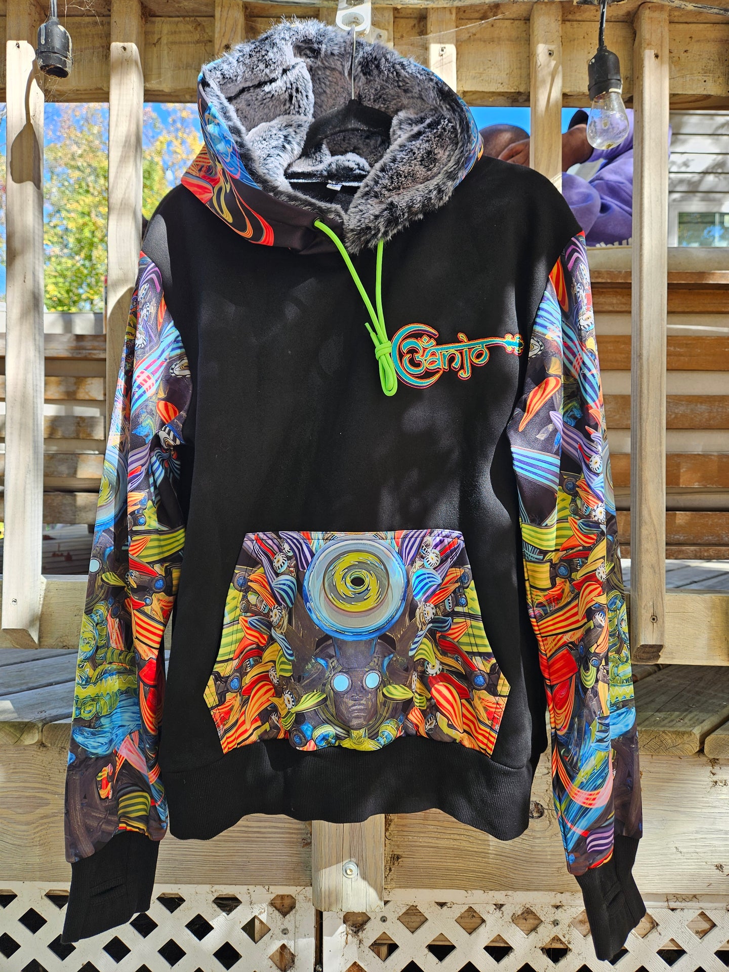 MEDIUM: Vishuddha Banjo Glass Remix Pullover Hoodie with Black silver tipped Faux Fur lined in the hood