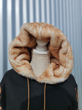 Down the Ribbit Hole Pullover Hoodie with a thin Tan Faux Fur in the hood