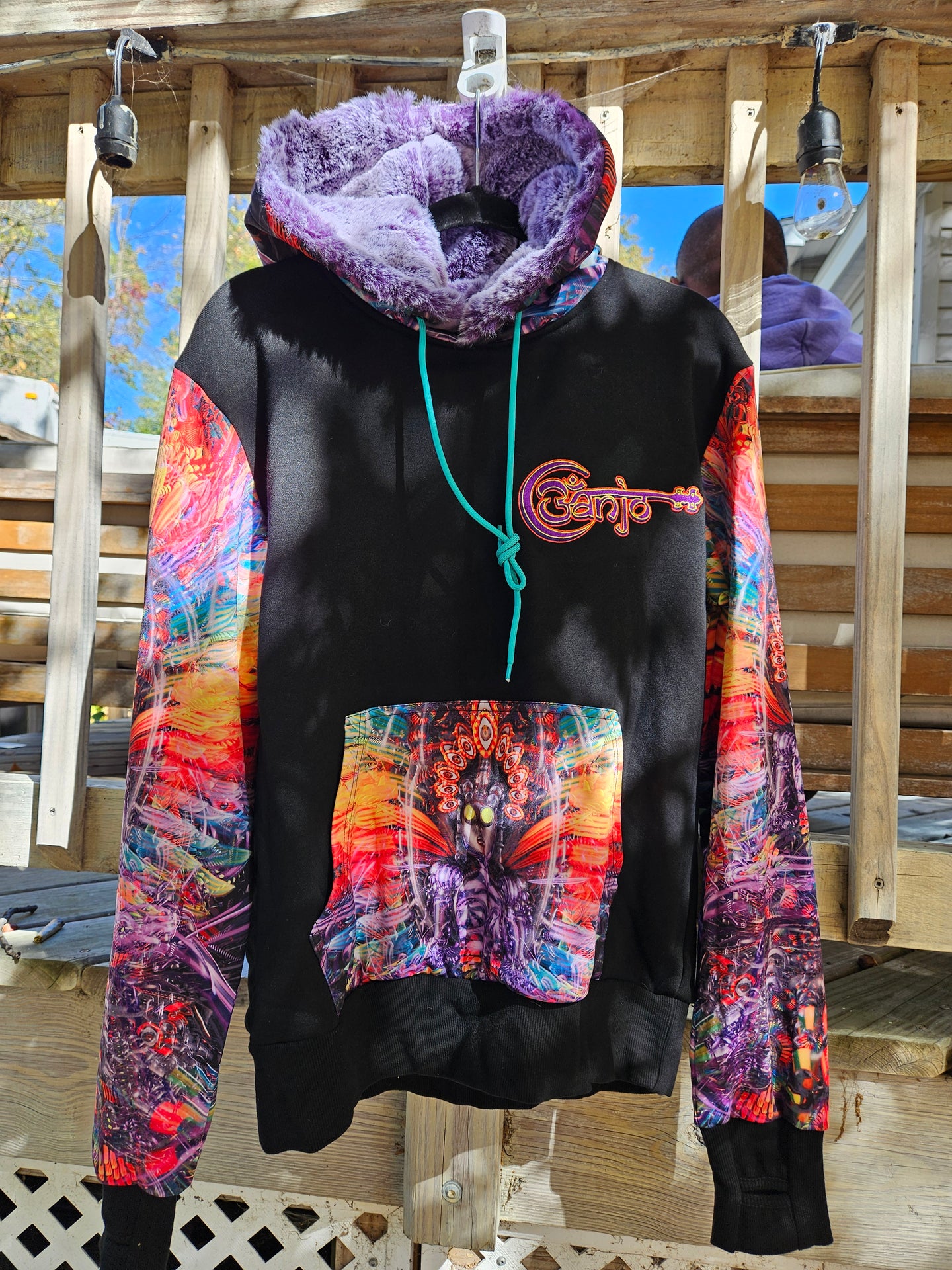 SMALL: Isis/Ina May Banjo Glass Remix Pullover Hoodie with Purple Faux Fur lined in the hood