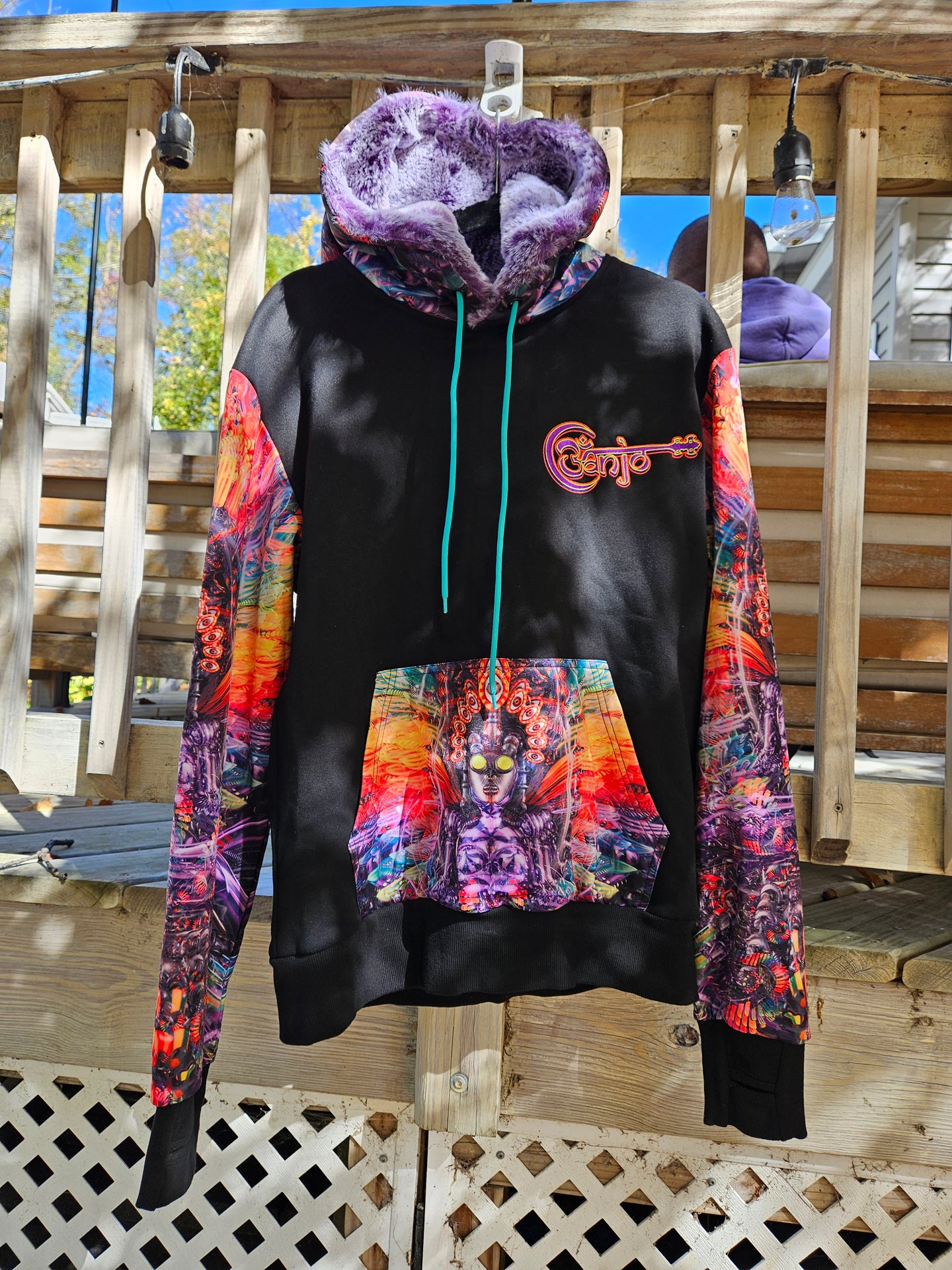 MEDIUM: Isis/Ina May Banjo Glass Remix Pullover Hoodie with Purple Faux Fur lined in the hood